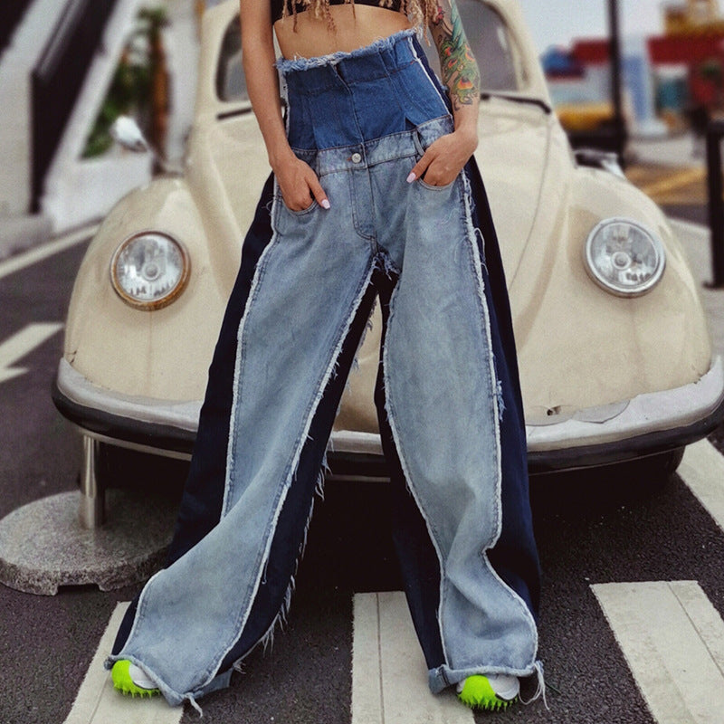 High waisted loose slimming color blocked long flared pants and floor pants