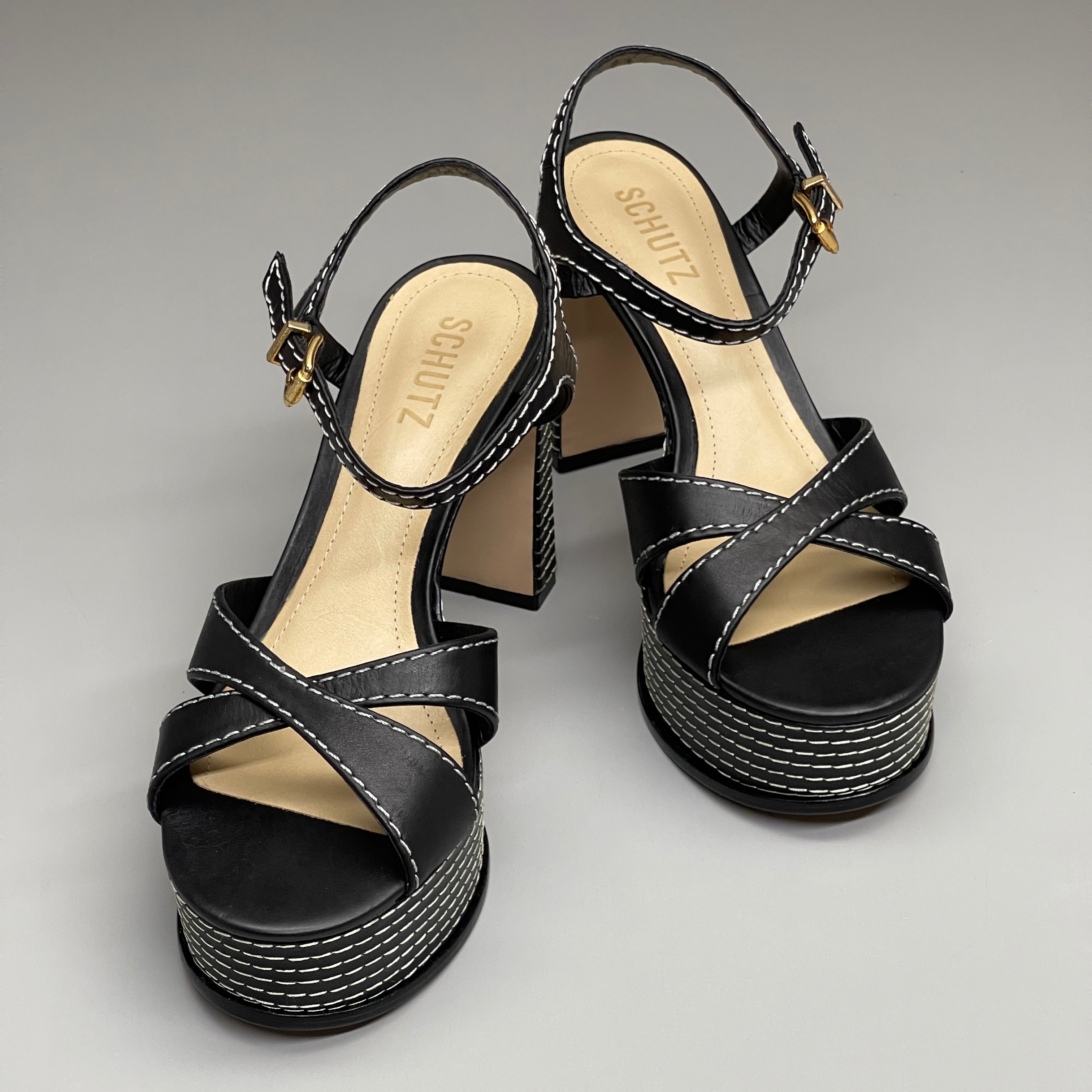 SCHUTZ Keefa Casual Women's Leather Sandal Black Platform 4" Heel Shoes Sz 7B (New)