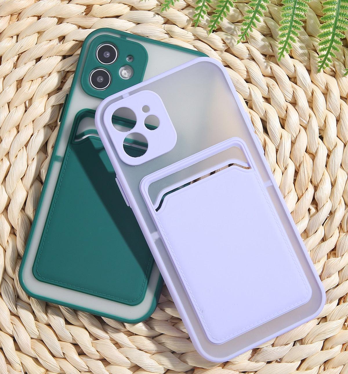 Luxury Card Holder Wallet Case For iPhone 11 Pro Max 12 Mini X XR 7 8 Plus XS Max Hard Solid Color Clear Protection Cover  Soft Silicone Shockproof Back Cover