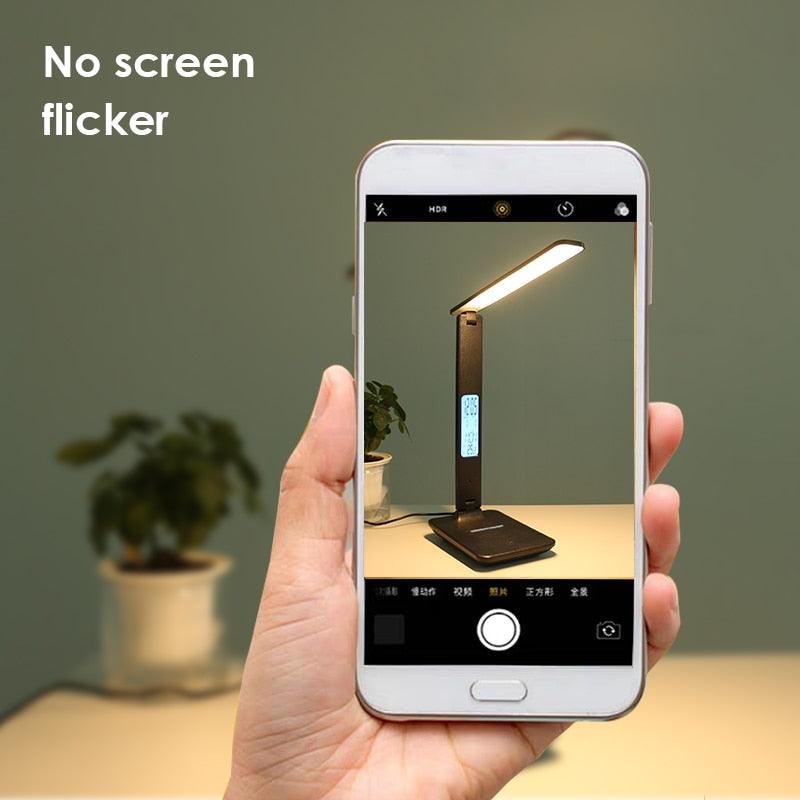 Modern Business Led Office Desk Lamp Touch Dimmable Foldable With Calendar Temperature Alarm Clock table Reading Light Decorative Table Lamp Cute Study Lamps for Bedroom Décor