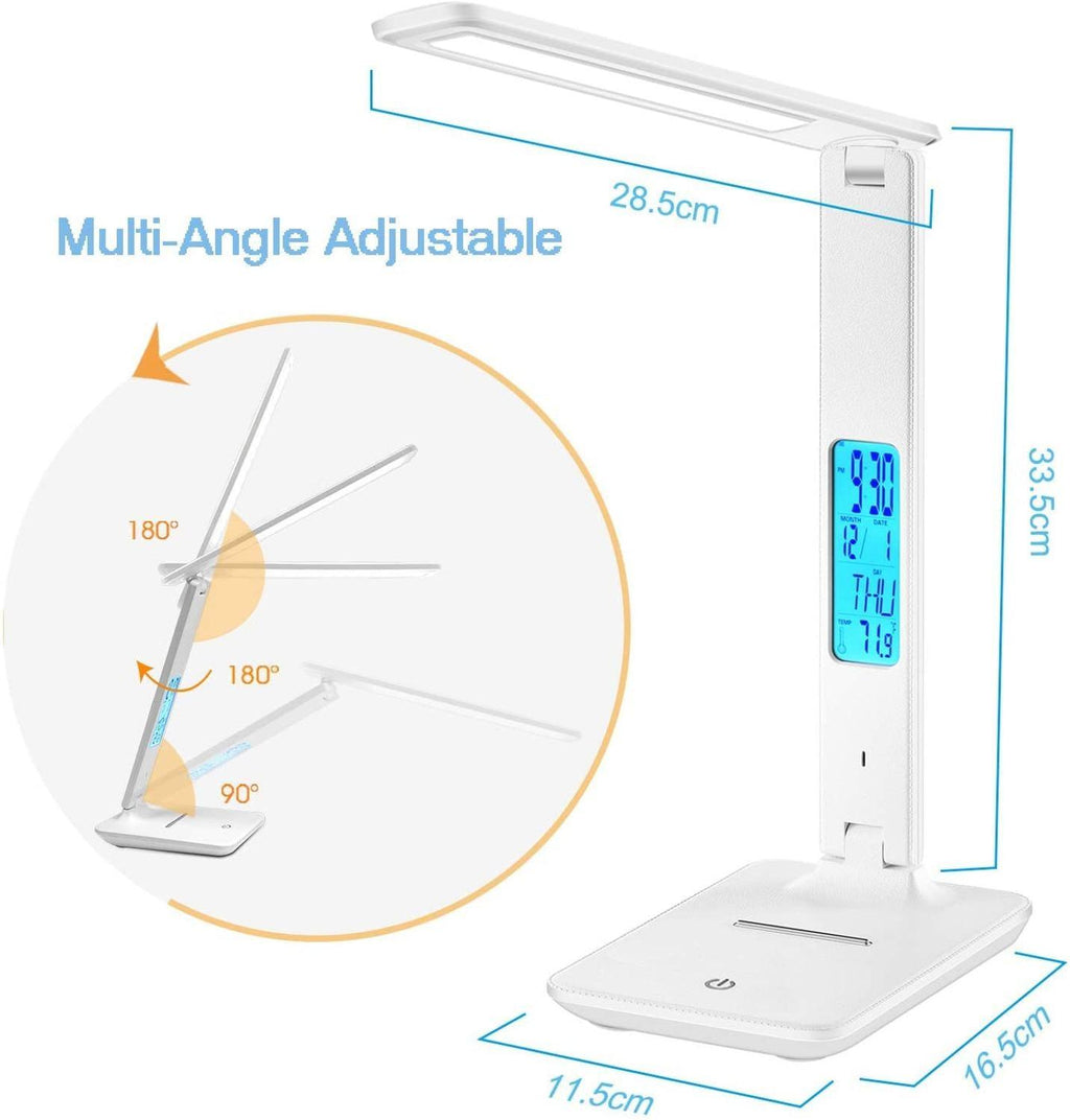 Modern Business Led Office Desk Lamp Touch Dimmable Foldable With Calendar Temperature Alarm Clock table Reading Light Decorative Table Lamp Cute Study Lamps for Bedroom Décor