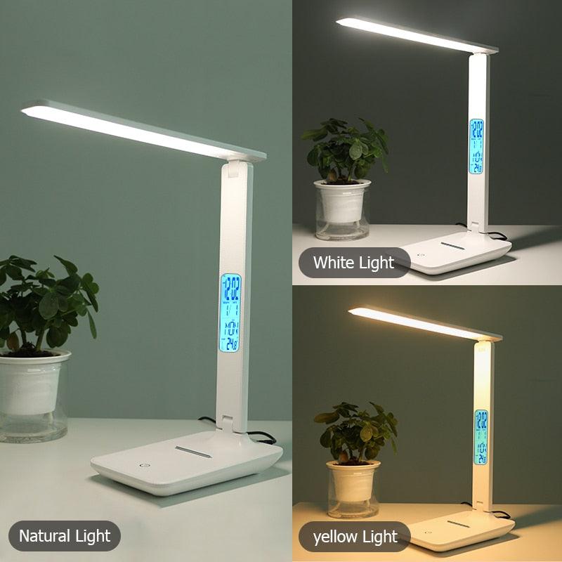 Modern Business Led Office Desk Lamp Touch Dimmable Foldable With Calendar Temperature Alarm Clock table Reading Light Decorative Table Lamp Cute Study Lamps for Bedroom Décor
