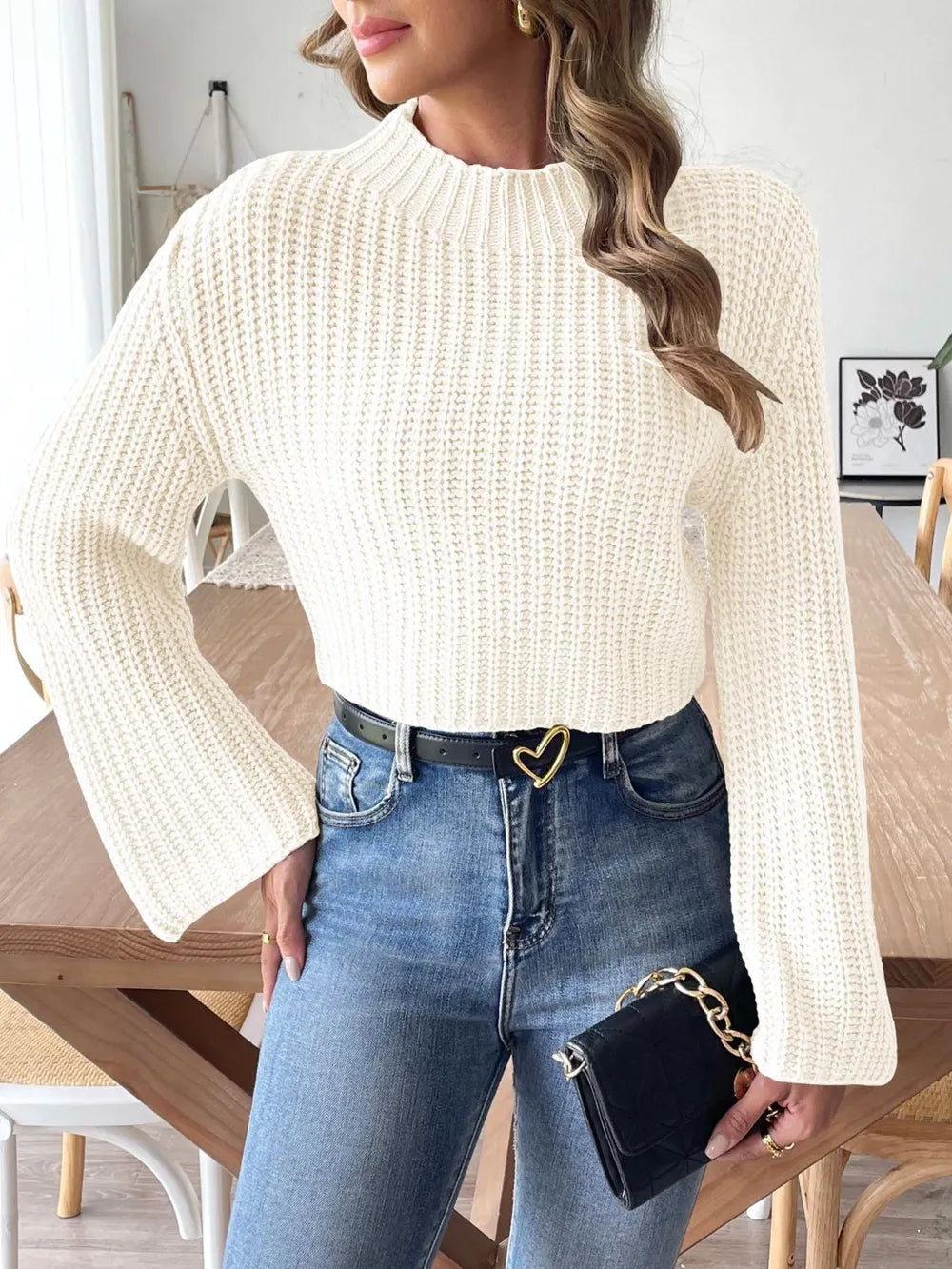 New autumn and winter flared sleeve semi high neck pullover sweater