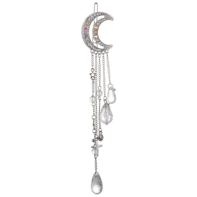 New Fashion Crystal Rhinestone Moon Tassel Hairpin Five-pointed Star Pendant Luxury Jewelry Crystal Side Clip Gorgeous Hair Accessories For Women