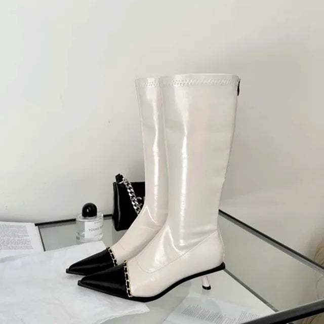 Pointed Toe Women Knee High Boots Black White Sock Booties Thin Mid Heels   New Arrivals Ladies Party Pumps Dress Shoes Woman