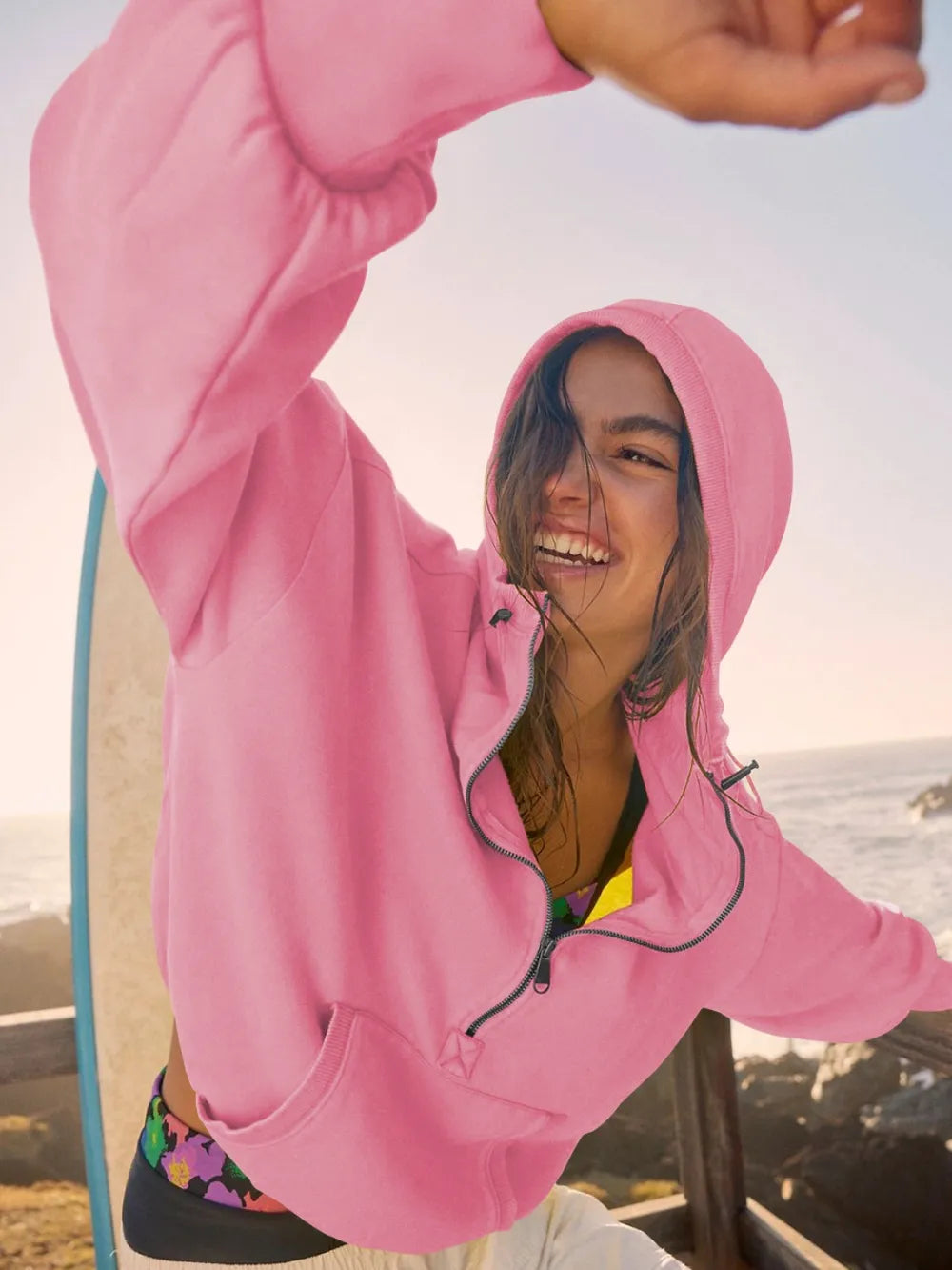 Sports hoodie zipper drawstring long sleeved top jacket