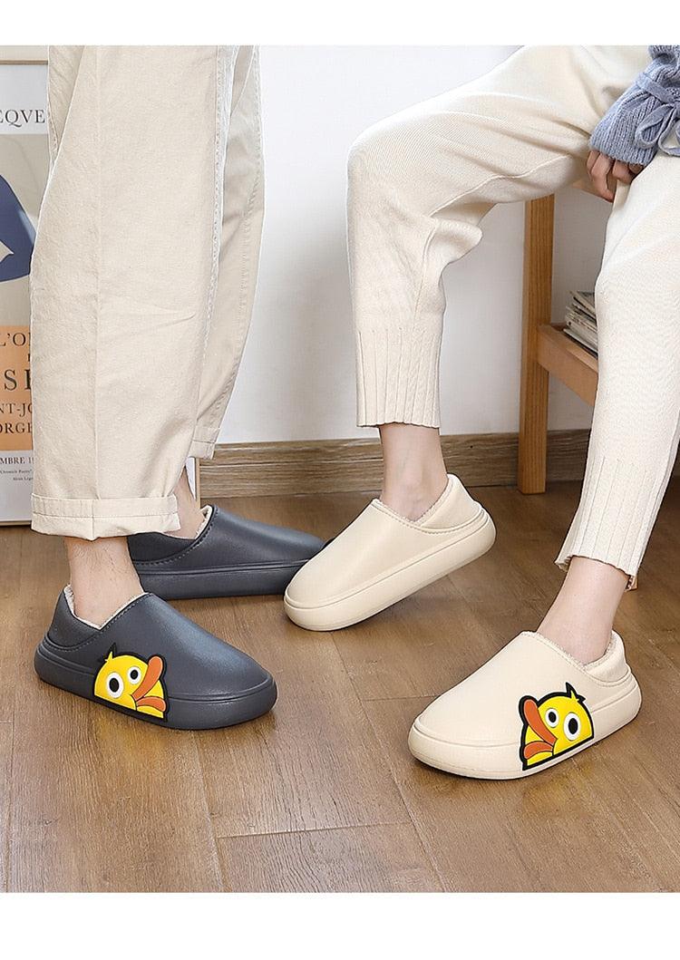 Thick Platform Winter Women Waterproof Non-Slip Home Rubber Slippers Warm Indoor Fur Cotton Women's Cozy Memory Foam Closed Back Slippers Wool-Like Blend Cotton House Shoes