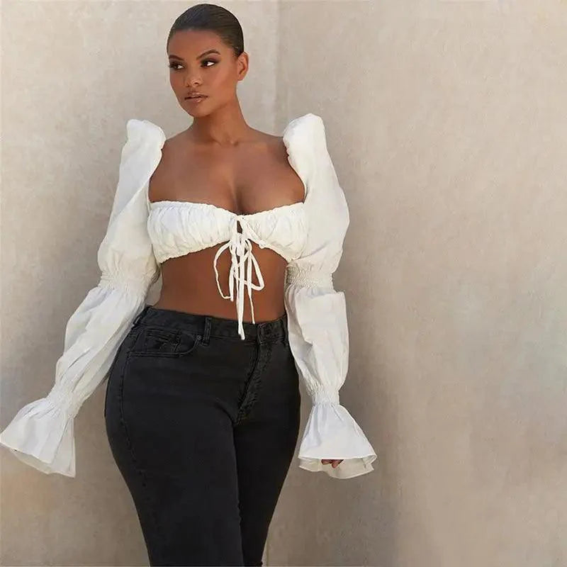 Trendy Summer cute casual elegant puff long sleeve ruffle lace up best fashion Ruched crop top shirts
