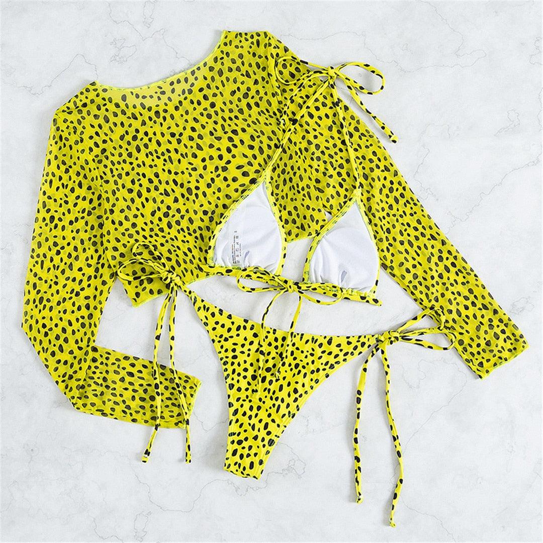Vintage Halter Printed Leopard Bikini Female Lace Up Bottom Swimsuit Women Swimwear Long Sleeve Bathing Suits Leopard Print Swimsuit Three-pieces Bikini Set Long Sleeve Bathing Suit Cute Swimwear