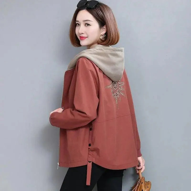 Vintage Style Women's Coat Hooded Jacket Long Sleeve Zipper Pockets Casual Windbreaker Basic Jackets Outerwear Plus Size 4XL E25
