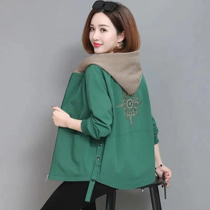 Vintage Style Women's Coat Hooded Jacket Long Sleeve Zipper Pockets Casual Windbreaker Basic Jackets Outerwear Plus Size 4XL E25