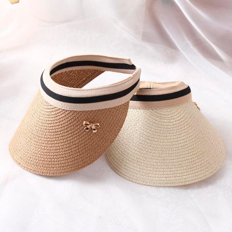 Vintage Women's Sun Hats Handmade Straw Visor Caps Fashionable Adult Sun Beach Top Hats Cute Bowknot Design Fashion Summer Women's Casual Caps Straw Hats Parent-Child Summer Hat Empty Top Beach Hat