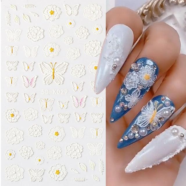 White Embossed Flower Lace 5D Sticker Decal Wedding Nail Art Designs Floral Flower Transfer Decal  Geometry  3D Wave Design Decoration for Women Girls Tape Nail Art Stickers Decal Decoration Geometry Transfer Decals Nail Art Decorations Decoration Decal